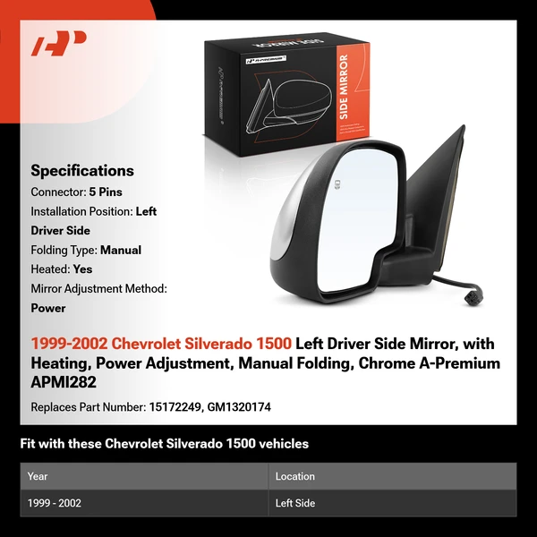 1999-2002 Chevrolet Silverado 1500 Left Driver Side Mirror, with Heating, Power Adjustment, Manual Folding, Chrome A-Premium APMI282