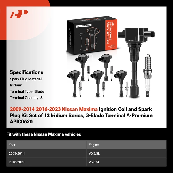 2009-2014 2016-2023 Nissan Maxima Ignition Coil and Spark Plug Kit Set of 12 Iridium Series, 3-Blade Terminal A-Premium APIC0620