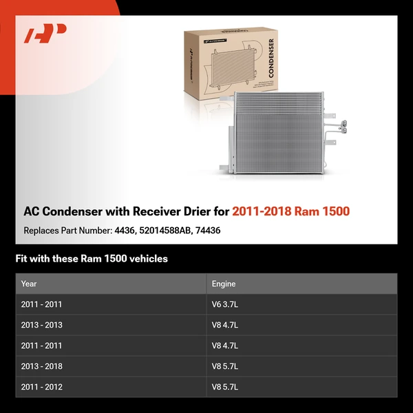 AC Condenser with Receiver Drier for 2011-2018 Ram 1500