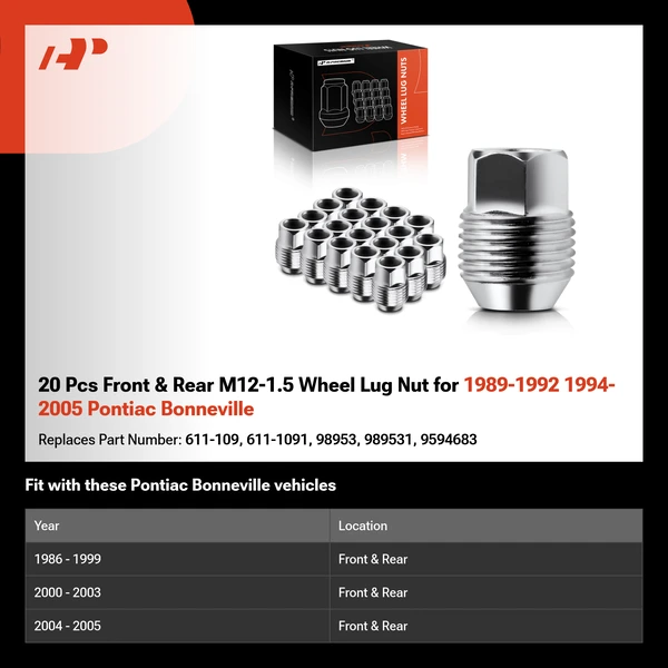 20 Pcs Front & Rear M12-1.5 Wheel Lug Nut for 1989-1992 1994-2005 Pontiac Bonneville