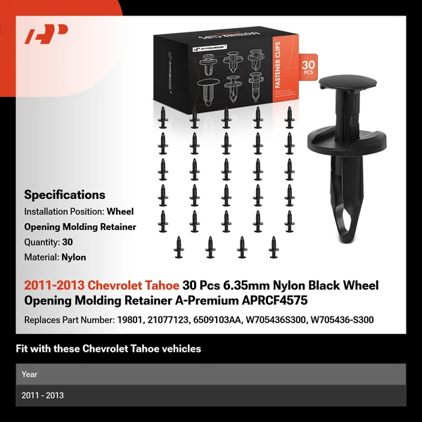 2011-2013 Chevrolet Tahoe 30 Pcs 6.35mm Nylon Black Wheel Opening Molding Retainer A-Premium APRCF4575