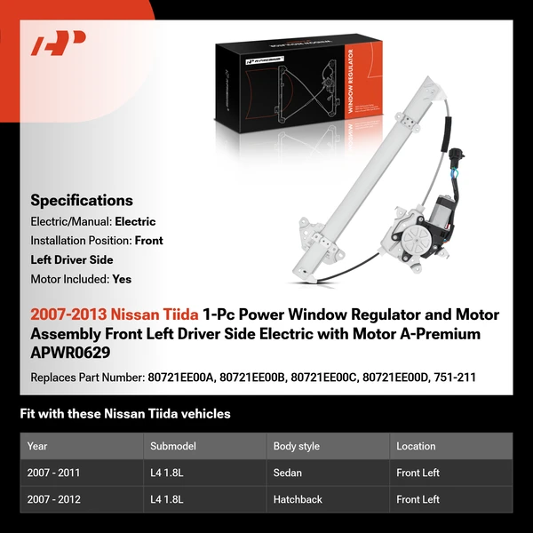 2007-2013 Nissan Tiida 1-Pc Power Window Regulator and Motor Assembly Front Left Driver Side Electric with Motor A-Premium APWR0629