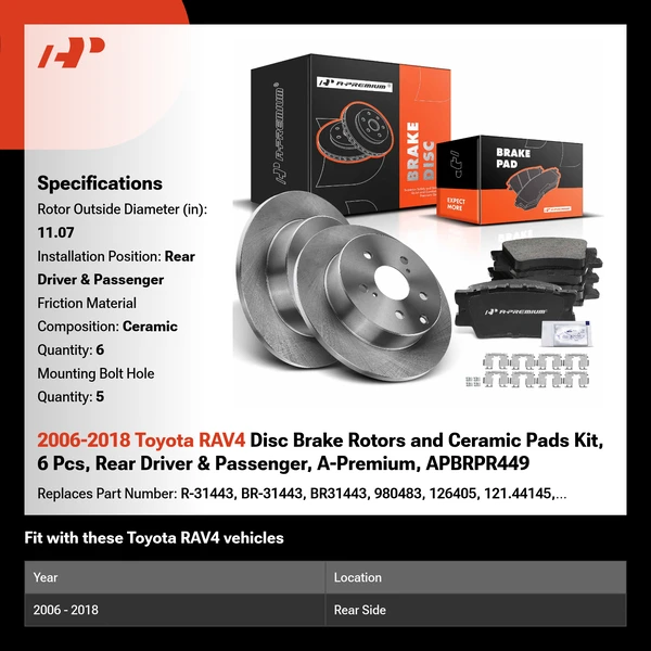2006-2018 Toyota RAV4 Disc Brake Rotors and Ceramic Pads Kit, 6 Pcs, Rear Driver & Passenger, A-Premium, APBRPR449
