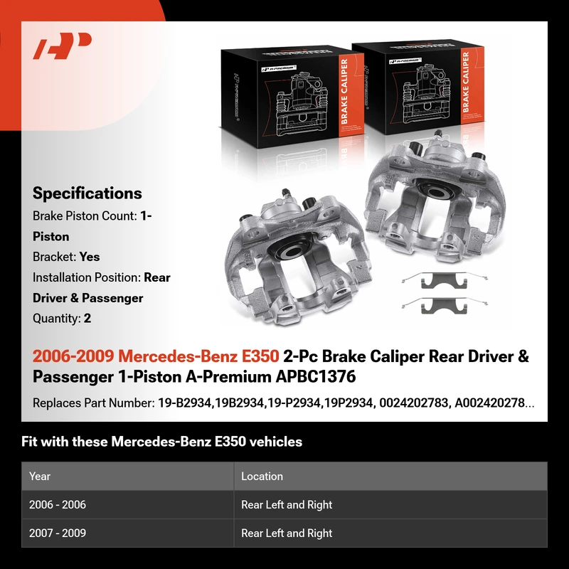 2006-2009 Mercedes-Benz E350 2-Pc Brake Caliper Rear Driver & Passenger 1-Piston A-Premium APBC1376