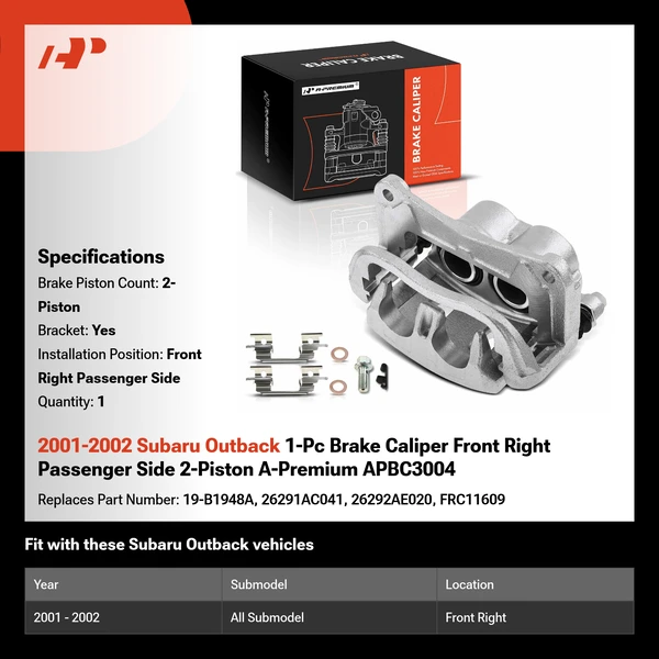 2001-2002 Subaru Outback 1-Pc Brake Caliper Front Right Passenger Side 2-Piston A-Premium APBC3004