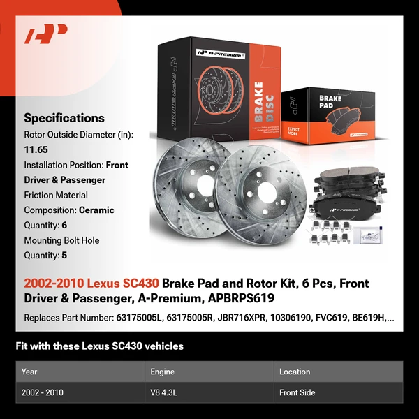 2002-2010 Lexus SC430 Brake Pad and Rotor Kit, 6 Pcs, Front Driver & Passenger, A-Premium, APBRPS619