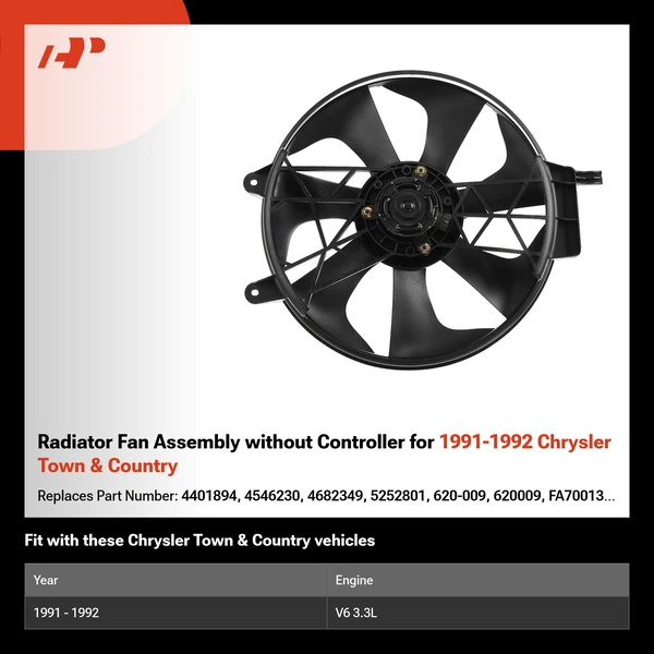 Radiator Fan Assembly without Controller for 1991-1992 Chrysler Town & Country