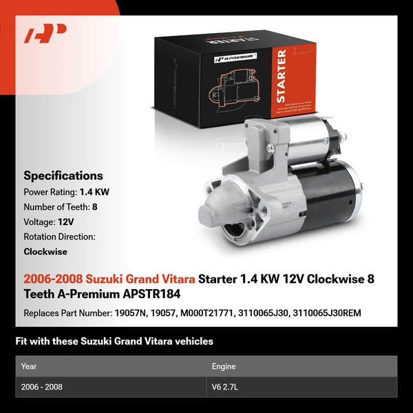 2006-2008 Suzuki Grand Vitara Starter 1.4 KW 12V Clockwise 8 Teeth A-Premium APSTR184