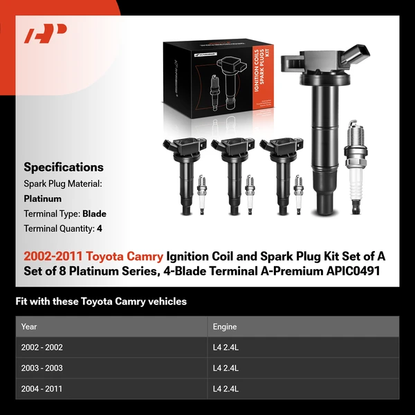 2002-2011 Toyota Camry Ignition Coil and Spark Plug Kit Set of A Set of 8 Platinum Series, 4-Blade Terminal A-Premium APIC0491