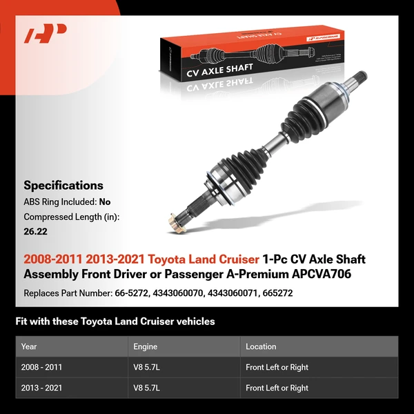 2008-2011 2013-2021 Toyota Land Cruiser 1-Pc CV Axle Shaft Assembly Front Driver or Passenger A-Premium APCVA706