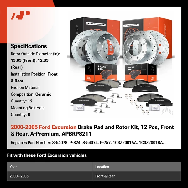 2000-2005 Ford Excursion Brake Pad and Rotor Kit, 12 Pcs, Front & Rear, A-Premium, APBRPS211