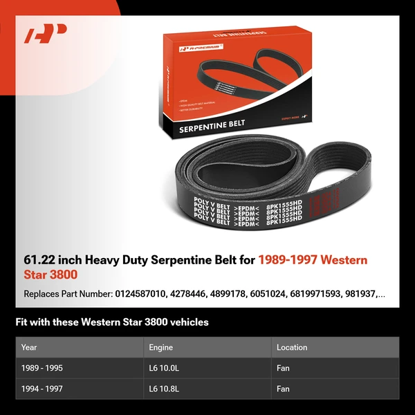 61.22 inch Heavy Duty Serpentine Belt for 1989-1997 Western Star 3800