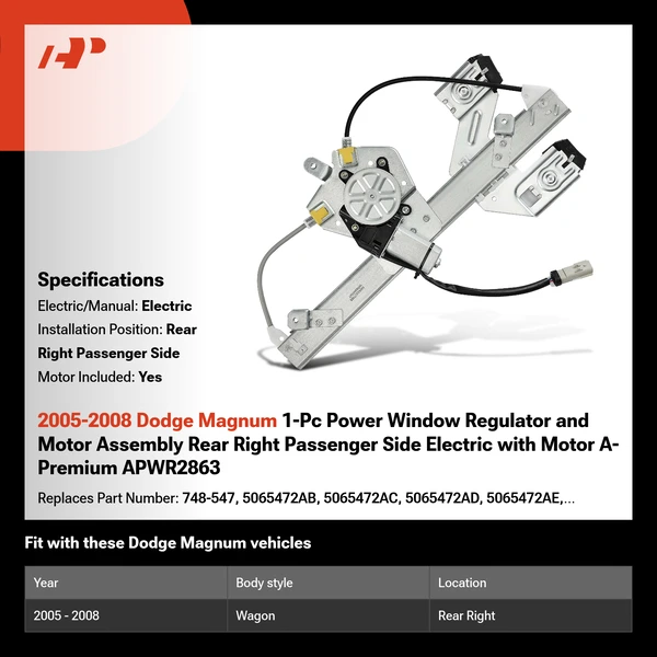 2005-2008 Dodge Magnum 1-Pc Power Window Regulator and Motor Assembly Rear Right Passenger Side Electric with Motor A-Premium APWR2863