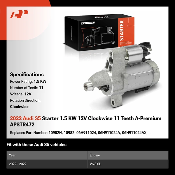 2022 Audi S5 Starter 1.5 KW 12V Clockwise 11 Teeth A-Premium APSTR472
