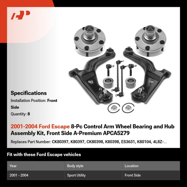 2001-2004 Ford Escape 8-Pc Control Arm Wheel Bearing and Hub Assembly Kit, Front Side A-Premium APCA5279