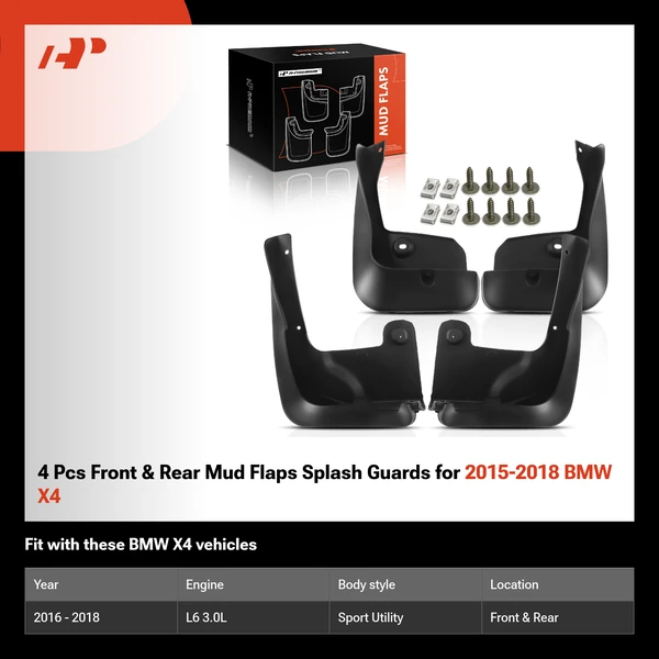 4 Pcs Front & Rear Mud Flaps Splash Guards for 2015-2018 BMW X4