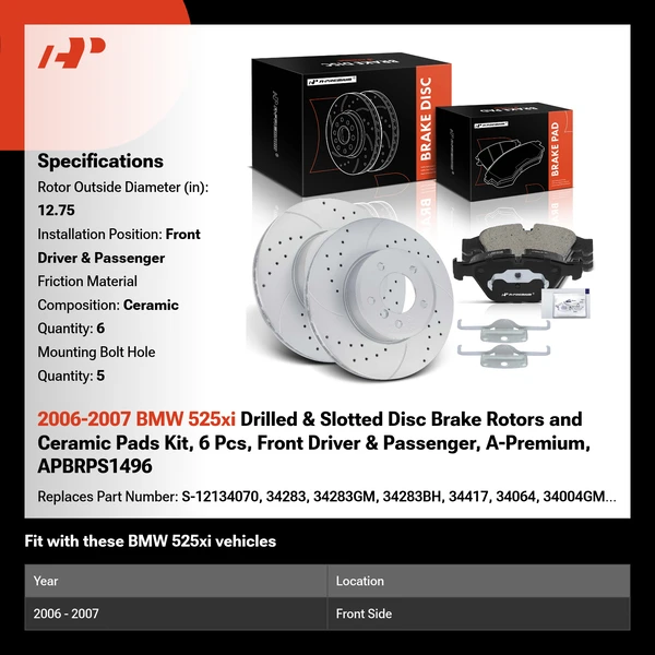 2006-2007 BMW 525xi Drilled & Slotted Disc Brake Rotors and Ceramic Pads Kit, 6 Pcs, Front Driver & Passenger, A-Premium, APBRPS1496