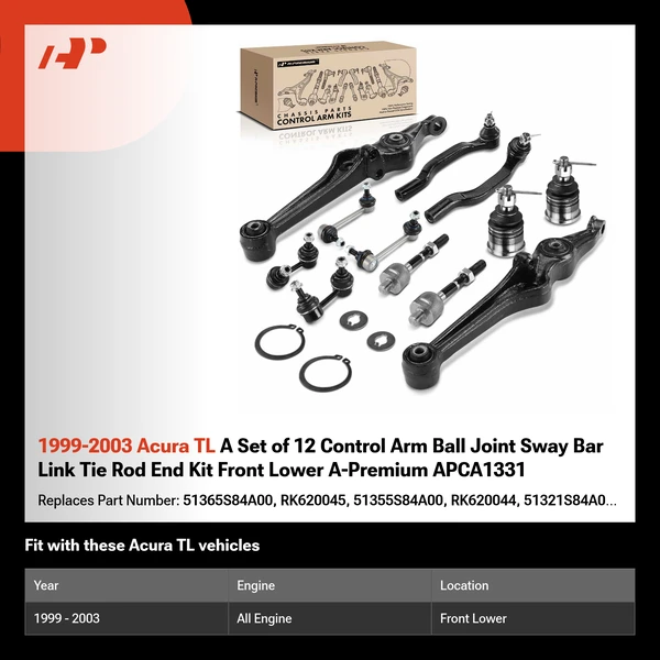 1999-2003 Acura TL A Set of 12 Control Arm Ball Joint Sway Bar Link Tie Rod End Kit Front Lower A-Premium APCA1331