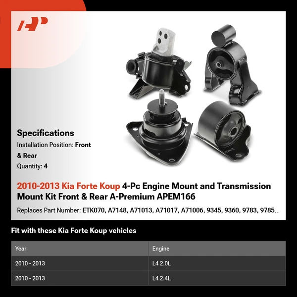 2010-2013 Kia Forte Koup 4-Pc Engine Mount and Transmission Mount Kit Front & Rear A-Premium APEM166