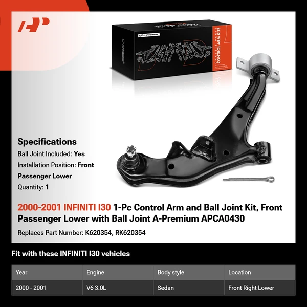 2000-2001 INFINITI I30 1-Pc Control Arm and Ball Joint Kit, Front Passenger Lower with Ball Joint A-Premium APCA0430