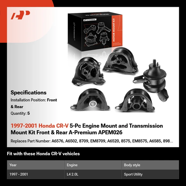 1997-2001 Honda CR-V 5-Pc Engine Mount and Transmission Mount Kit Front & Rear A-Premium APEM026