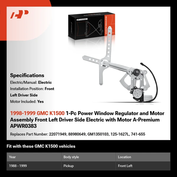 1998-1999 GMC K1500 1-Pc Power Window Regulator and Motor Assembly Front Left Driver Side Electric with Motor A-Premium APWR0383