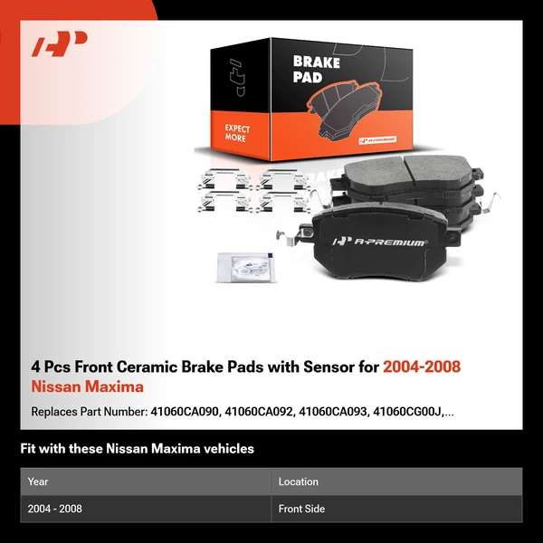 4 Pcs Front Ceramic Brake Pads with Sensor for 2004-2008 Nissan Maxima