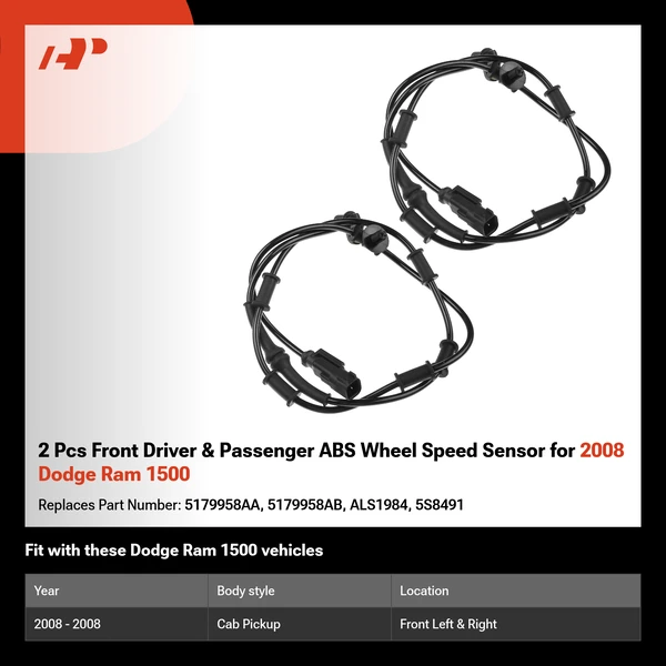 2 Pcs Front Driver & Passenger ABS Wheel Speed Sensor for 2008 Dodge Ram 1500