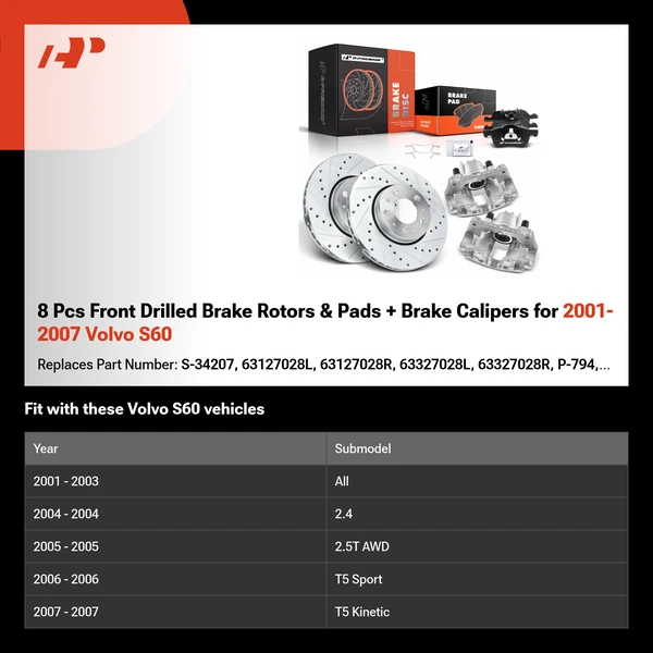 8 Pcs Front Drilled Brake Rotors & Pads + Brake Calipers for 2001-2007 Volvo S60