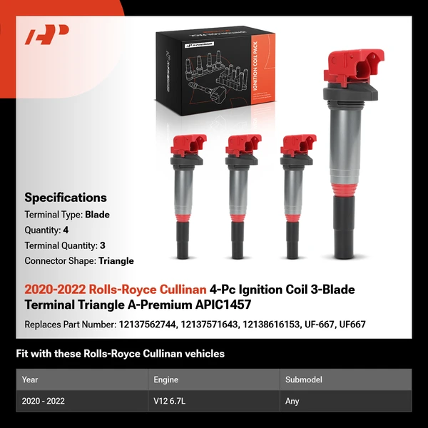 2020-2022 Rolls-Royce Cullinan 4-Pc Ignition Coil 3-Blade Terminal Triangle A-Premium APIC1457