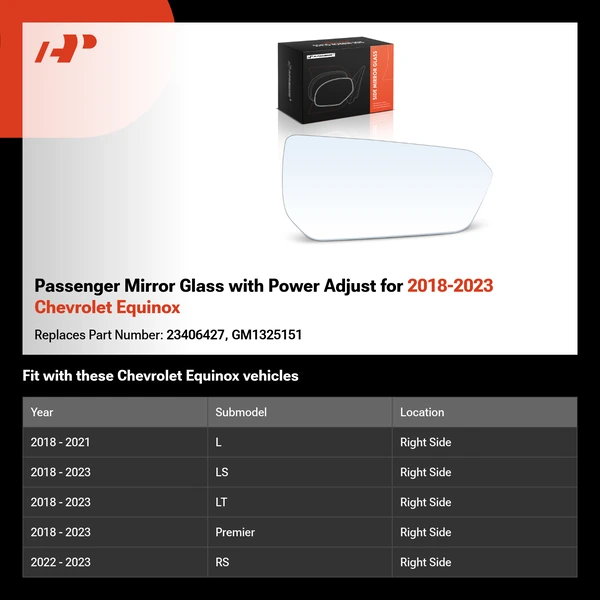 Passenger Mirror Glass with Power Adjust for 2018-2023 Chevrolet Equinox