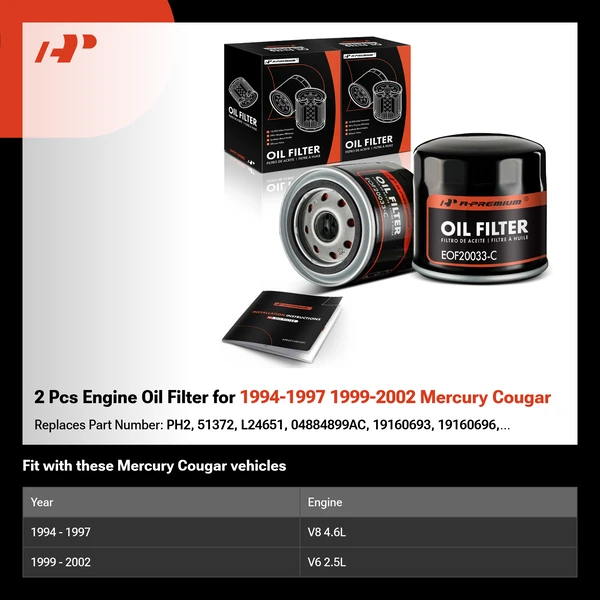 2 Pcs Engine Oil Filter for 1994-1997 1999-2002 Mercury Cougar
