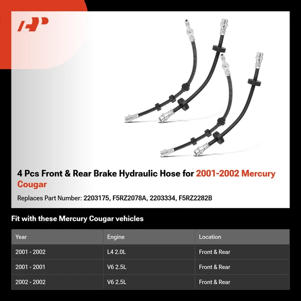 4 Pcs Front & Rear Brake Hydraulic Hose for 2001-2002 Mercury Cougar