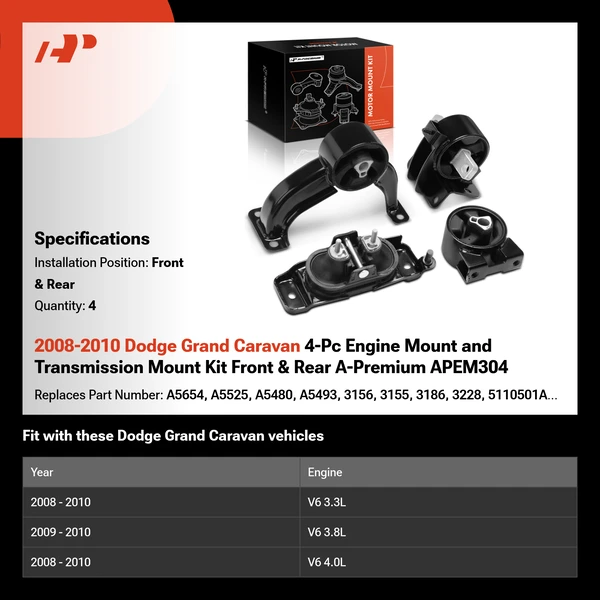 2008-2010 Dodge Grand Caravan 4-Pc Engine Mount and Transmission Mount Kit Front & Rear A-Premium APEM304