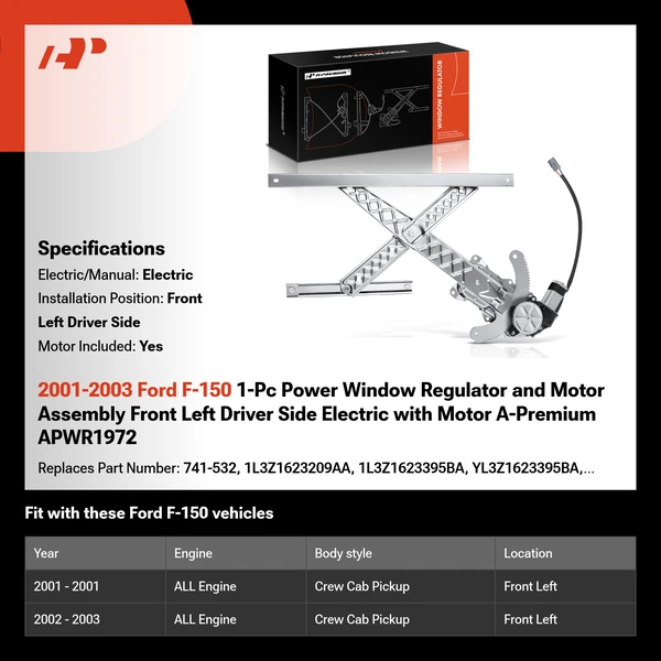 2001-2003 Ford F-150 1-Pc Power Window Regulator and Motor Assembly Front Left Driver Side Electric with Motor A-Premium APWR1972