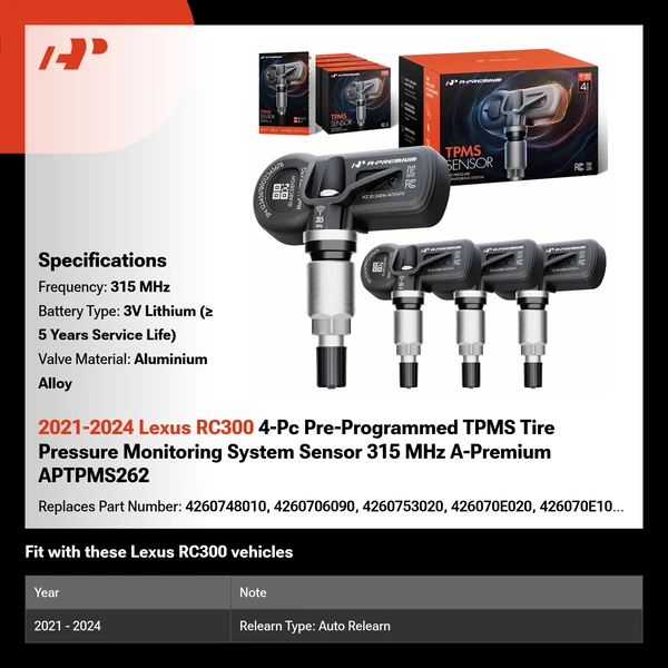 2021-2024 Lexus RC300 4-Pc Pre-Programmed TPMS Tire Pressure Monitoring System Sensor 315 MHz A-Premium APTPMS262