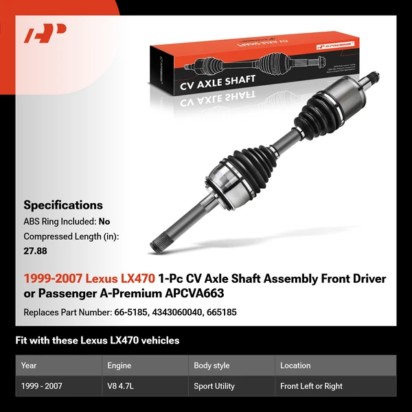 1999-2007 Lexus LX470 1-Pc CV Axle Shaft Assembly Front Driver or Passenger A-Premium APCVA663