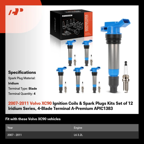 2007-2011 Volvo XC90 Ignition Coils & Spark Plugs Kits Set of 12 Iridium Series, 4-Blade Terminal A-Premium APIC1383