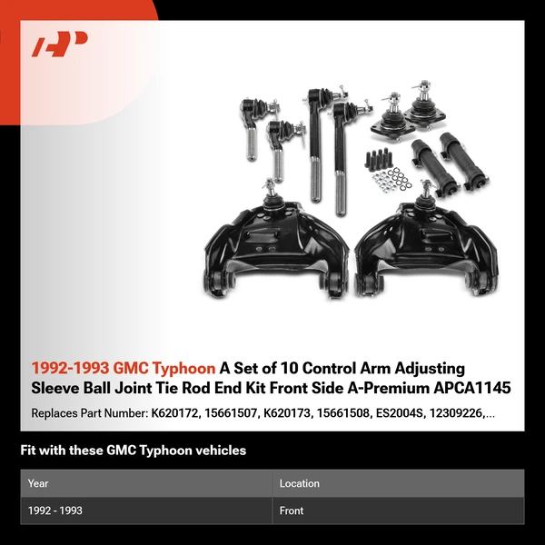 1992-1993 GMC Typhoon A Set of 10 Control Arm Adjusting Sleeve Ball Joint Tie Rod End Kit Front Side A-Premium APCA1145
