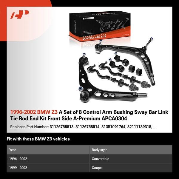 1996-2002 BMW Z3 A Set of 8 Control Arm Bushing Sway Bar Link Tie Rod End Kit Front Side A-Premium APCA0304