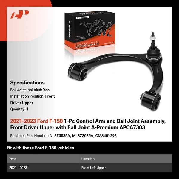 2021-2023 Ford F-150 1-Pc Control Arm and Ball Joint Assembly, Front Driver Upper with Ball Joint A-Premium APCA7303