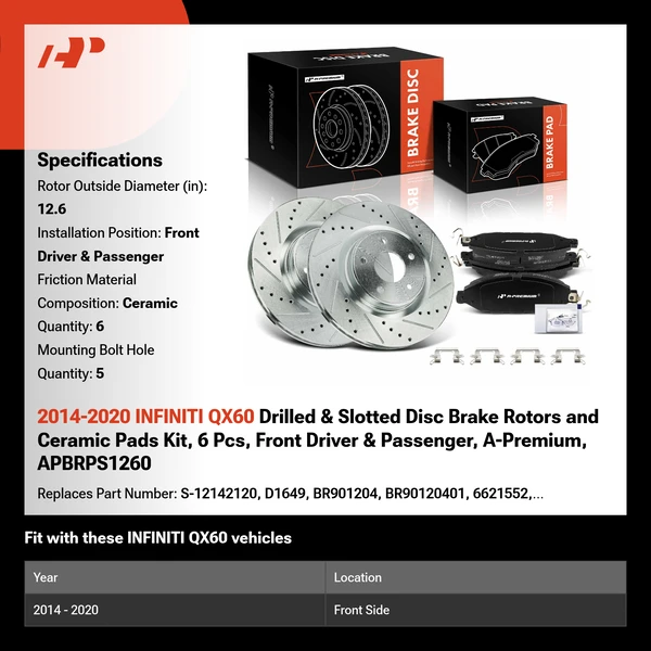 2014-2020 INFINITI QX60 Drilled & Slotted Disc Brake Rotors and Ceramic Pads Kit, 6 Pcs, Front Driver & Passenger, A-Premium, APBRPS1260
