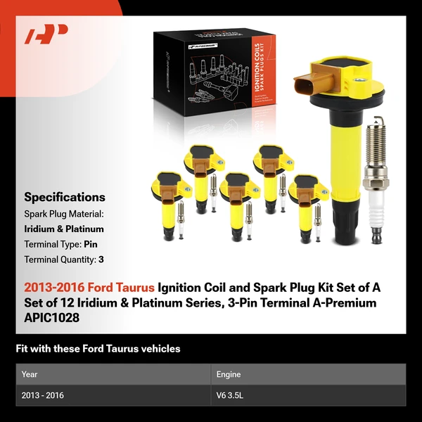 2013-2016 Ford Taurus Ignition Coil and Spark Plug Kit Set of A Set of 12 Iridium & Platinum Series, 3-Pin Terminal A-Premium APIC1028