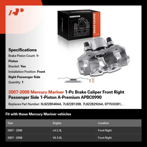 2007-2008 Mercury Mariner 1-Pc Brake Caliper Front Right Passenger Side 1-Piston A-Premium APBC0990