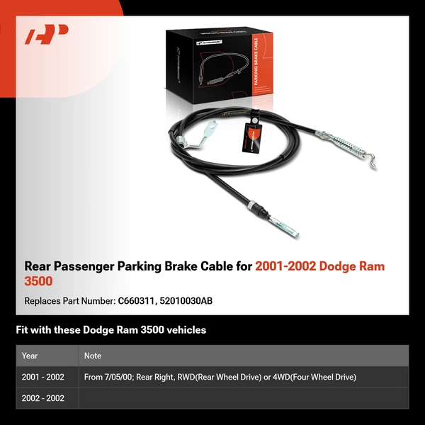 Rear Passenger Parking Brake Cable for 2001-2002 Dodge Ram 3500