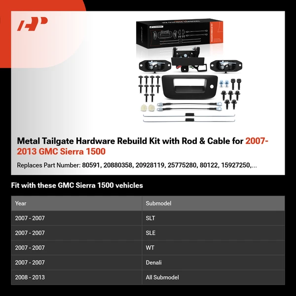 Metal Tailgate Hardware Rebuild Kit with Rod & Cable for 2007-2013 GMC Sierra 1500