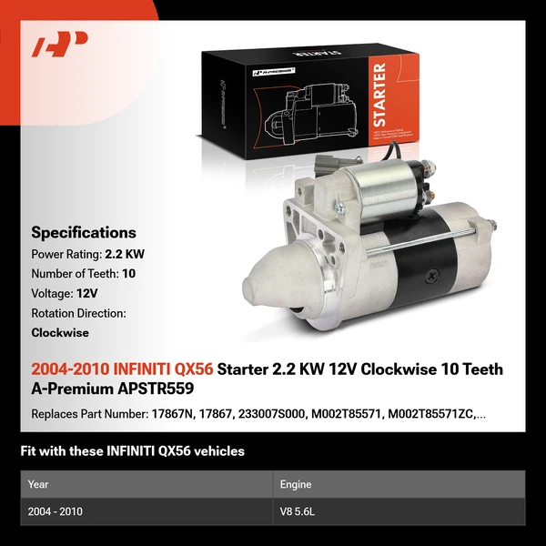 2004-2010 INFINITI QX56 Starter 2.2 KW 12V Clockwise 10 Teeth A-Premium APSTR559
