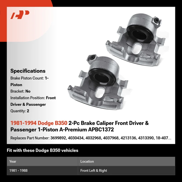 1981-1994 Dodge B350 2-Pc Brake Caliper Front Driver & Passenger 1-Piston A-Premium APBC1372