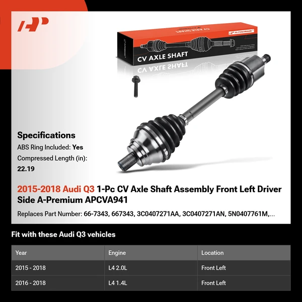 2015-2018 Audi Q3 1-Pc CV Axle Shaft Assembly Front Left Driver Side A-Premium APCVA941