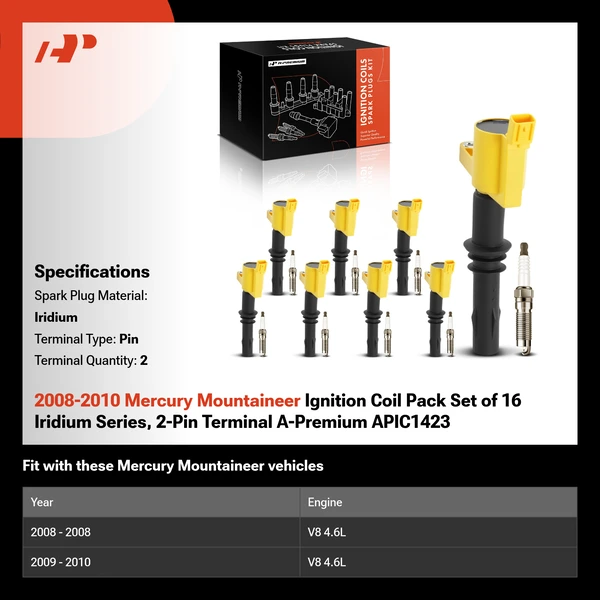 2008-2010 Mercury Mountaineer Ignition Coil Pack Set of 16 Iridium Series, 2-Pin Terminal A-Premium APIC1423